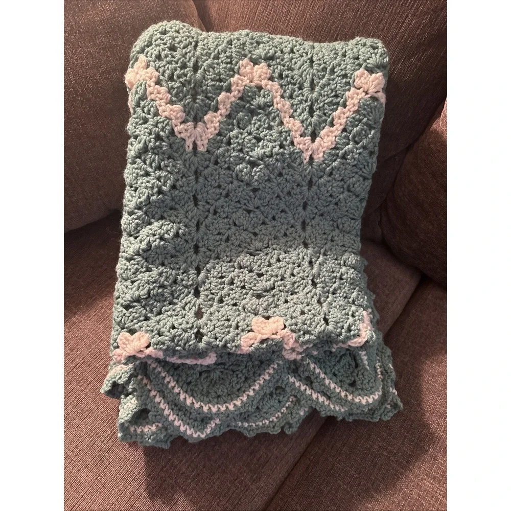 Hand Crocheted seafoam Green Afghan Ruffle 50